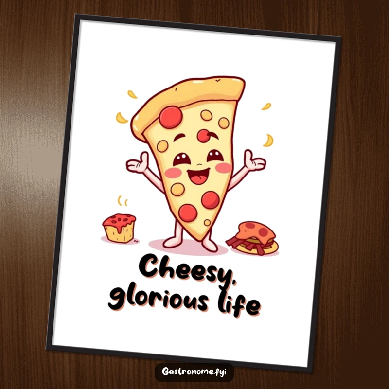 Funny digital art print of a happy pizza slice character with a cheesy grin gesturing towards a giant feast, celebrating food.