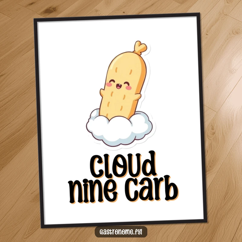 Funny digital art print of a pleased baguette character happily floating upwards on a steam cloud, capturing the essence of bakery bliss.