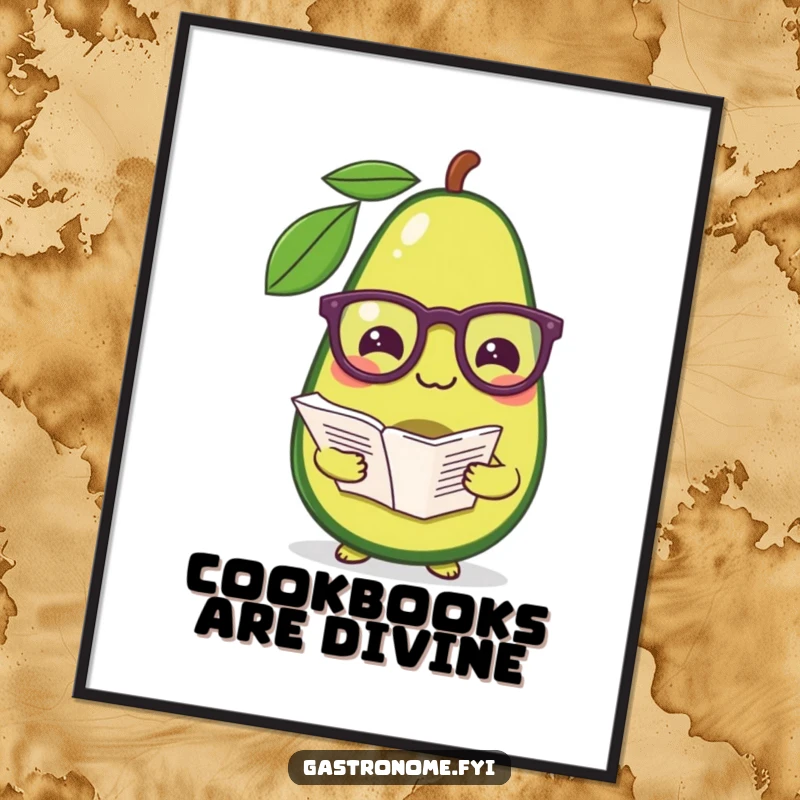 Funny digital art print of a pleased avocado in reading glasses, holding a recipe, ready to inspire laughs.
