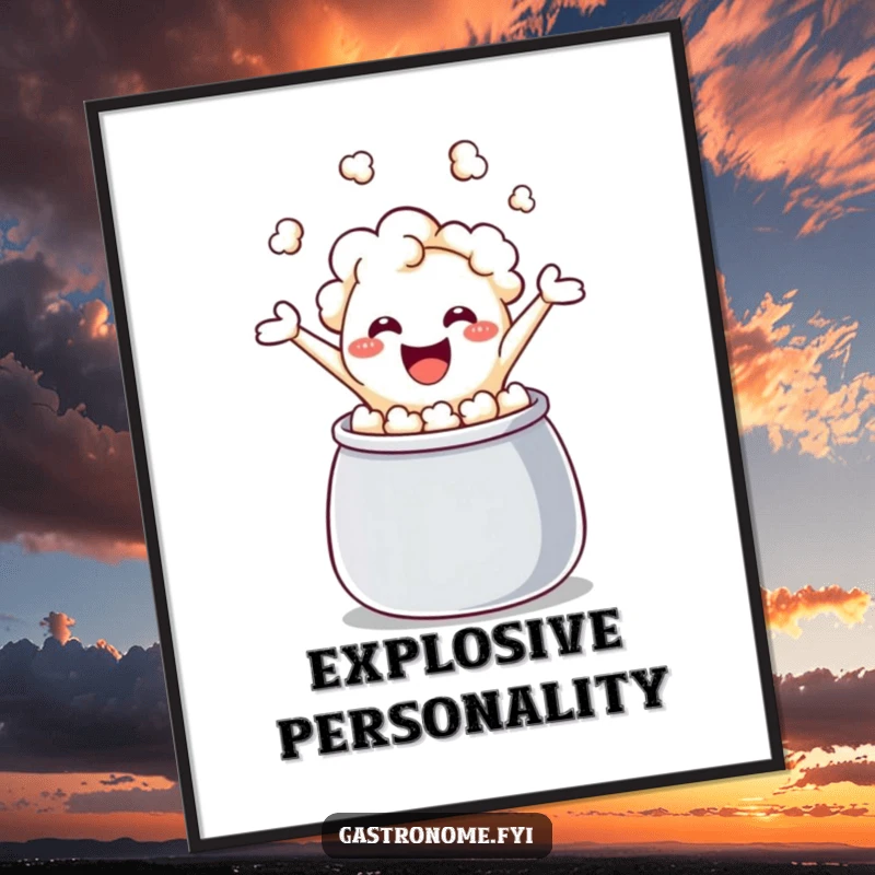 Funny popcorn kernel digital art print, a kernel giggling as it leaps from a kettle, offering vibrant, humorous wall art for instant download.