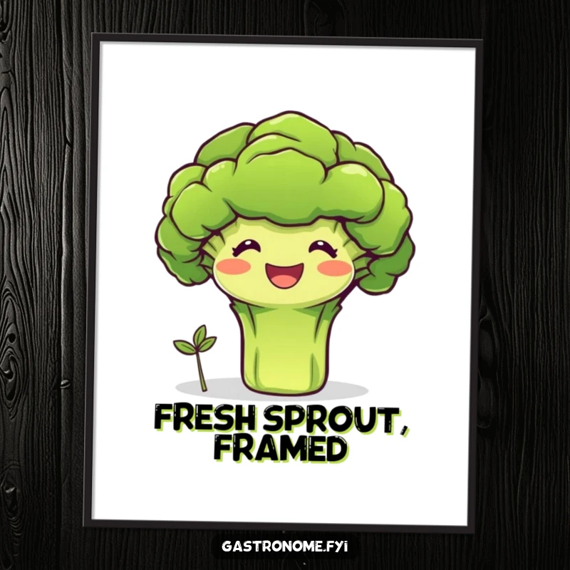 Funny digital art print of a beaming broccoli character proudly presenting a tiny sprout, symbolizing growth and healthy living humorously.
