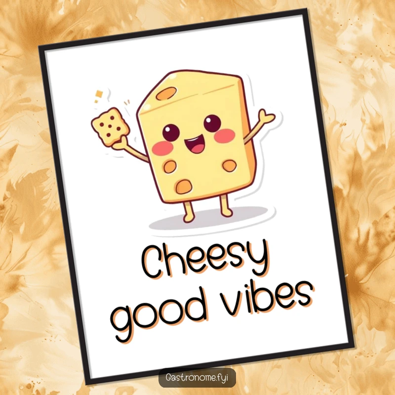 Funny Digital Art Print of a smiling cheese wedge character balancing a cracker with flair, offering instant cheesy humor.