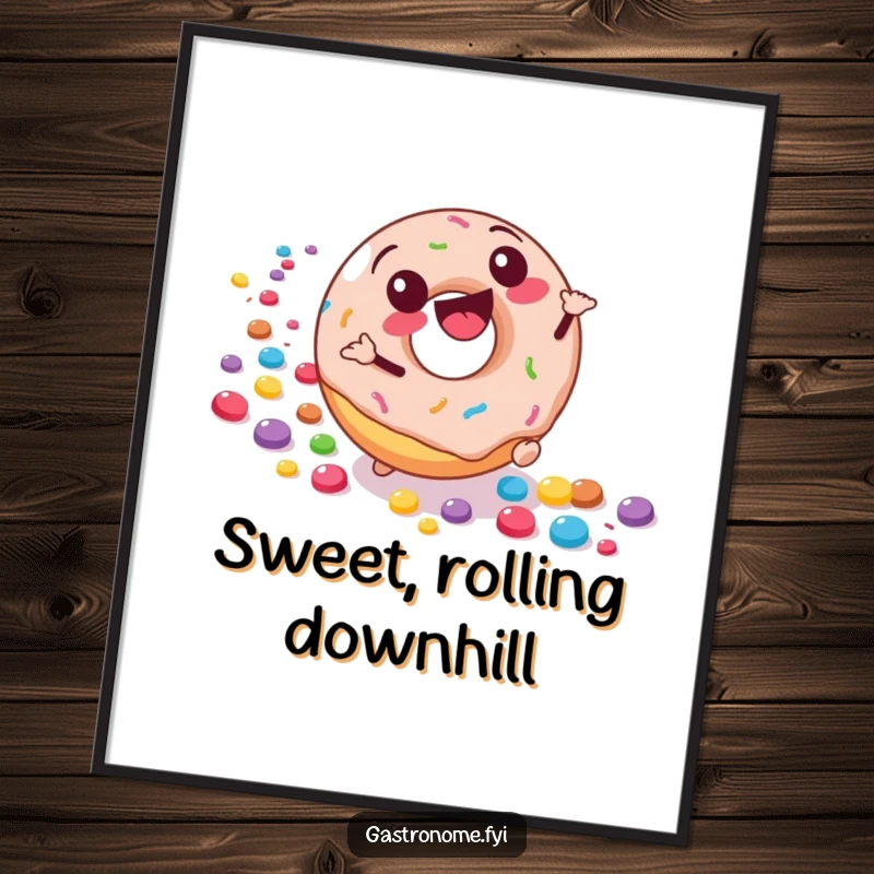 Funny digital art print of a joyful donut character rolling downhill, leaving a trail of colorful candies, for sweet and whimsical decor.
