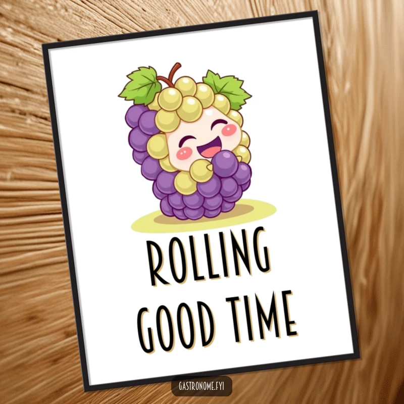 Funny grape cluster character hilariously rolling downhill, presented as a vibrant digital art print for instant download and humorous display.