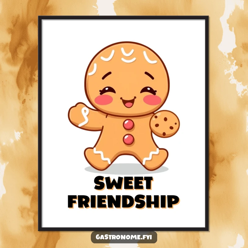 Funny digital art print of a giggling gingerbread man sharing a small cookie, ideal for printable wall decor.