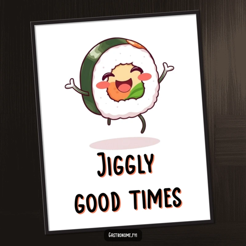 Funny digital art print: A happy sushi roll with legs doing a silly jig, a humorous and vibrant piece of wall art.