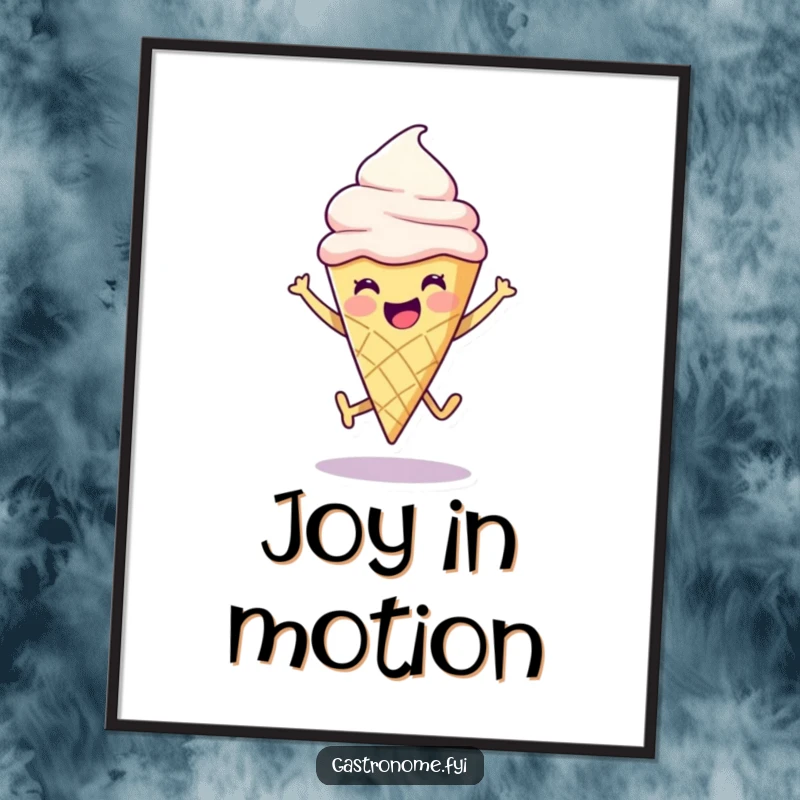 Funny ice cream cone character joyfully leaping, available as a downloadable digital art print for vibrant decor.