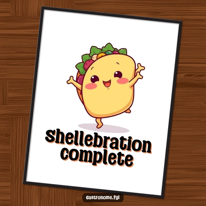 Funny digital art print: A smiling taco with tiny arms doing a cartwheel, a humorous and vibrant piece of wall art.