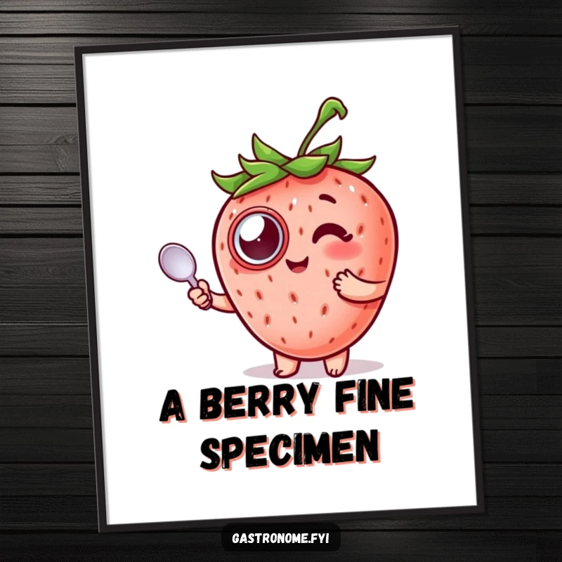 Funny Strawberry Digital Art Print of a strawberry in a monocle holding a spoon, ready to hang.