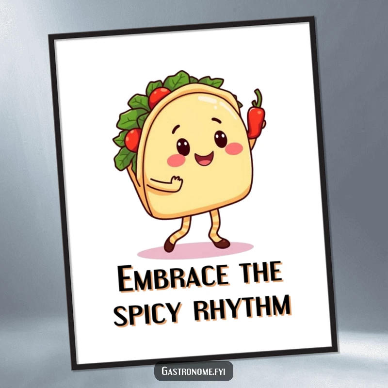 Funny Taco Dance Digital Art Print: Smiling Taco Character Salsa Dancing with a Spicy Pepper, Humorous Instant Download