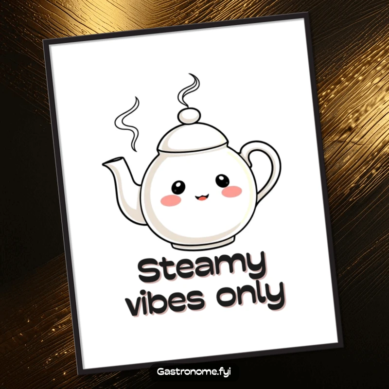 Funny Digital Art Print of a curious teapot character with merrily swirling steam, offering instant whimsical humor.