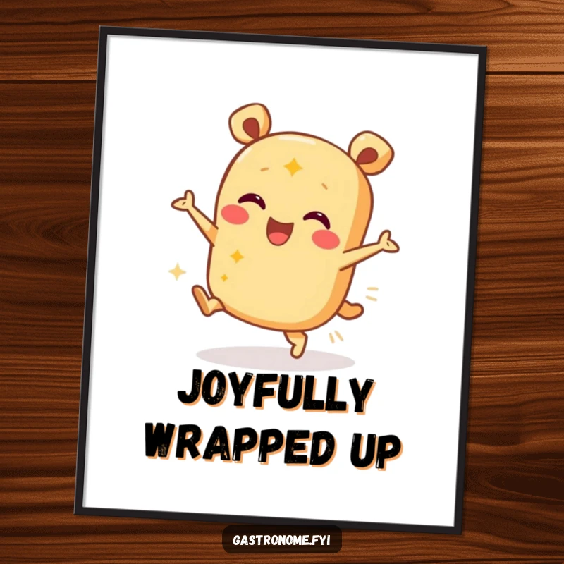 Funny digital art print of a joyful burrito character doing a happy dance, perfect for vibrant wall decor.