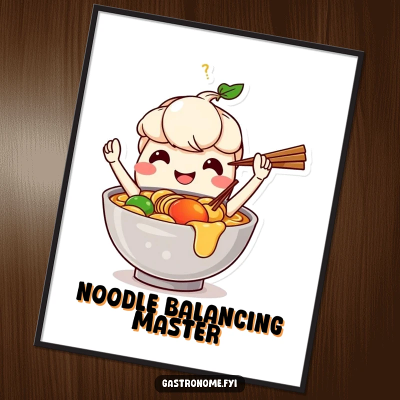 Funny digital art print of a smiling ramen bowl character juggling chopsticks, perfect for kitchen or dining wall decor.