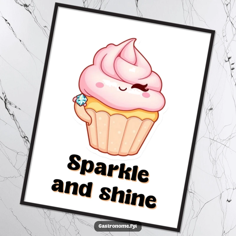 Funny digital art print of a winking cupcake character presenting a tiny, sparkling jewel, ideal for printable wall decor.