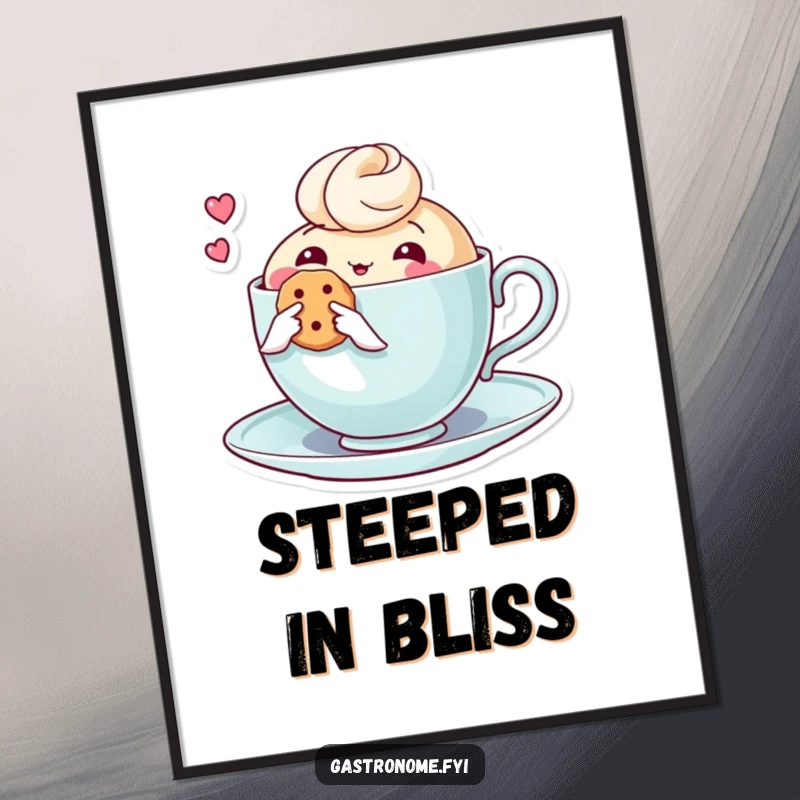 Funny digital art print of a thoughtful teacup character holding a biscuit, offering instant cozy charm and a dose of heartwarming humor.