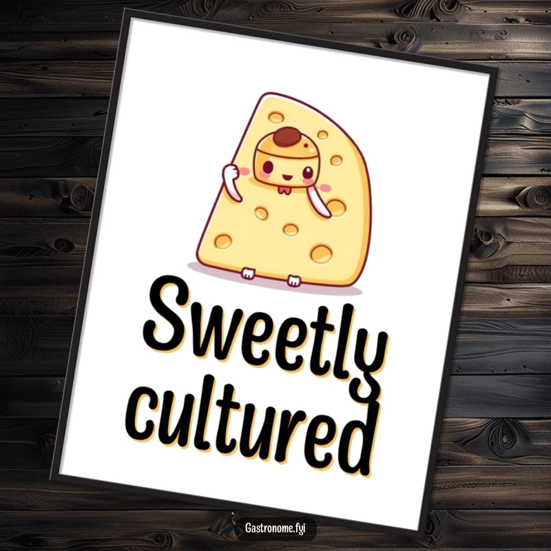 Funny digital art print of a proud cheese wedge character holding a tiny, intricate pastry, ideal for printable decor.