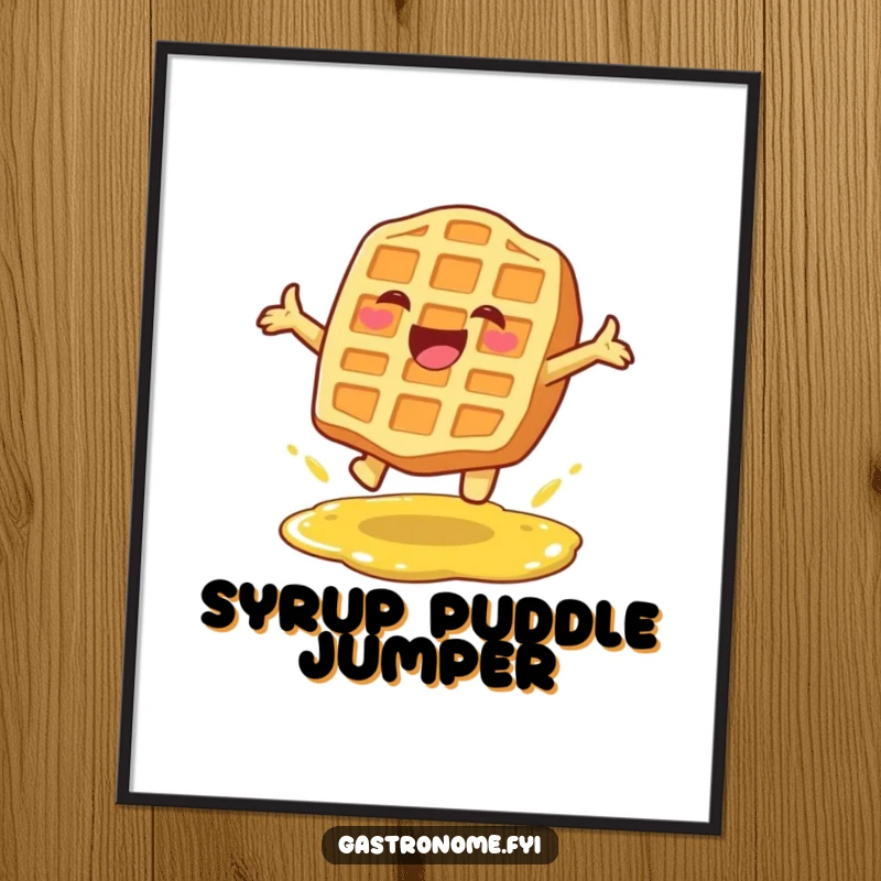 Funny digital art print of a delighted waffle character leaping over a syrup puddle, perfect for cheerful wall decor.
