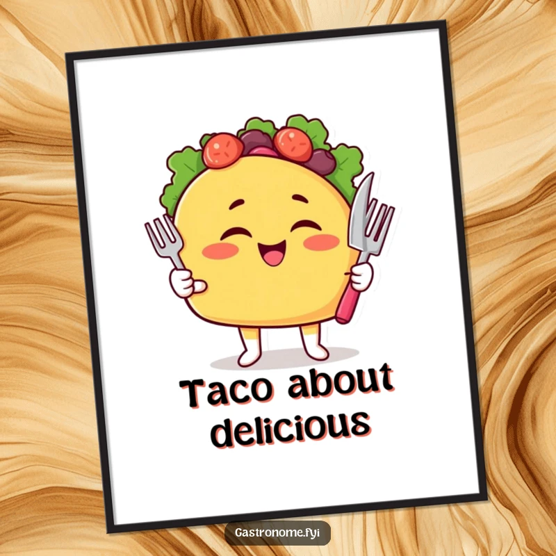 Funny Taco Digital Art Print of a winking taco character with a fork and knife, ready to hang.