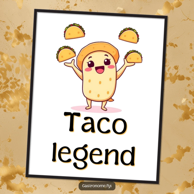 Funny digital art print of a cheerful taco character juggling mini tacos, radiating energy, fiesta spirit, and playful humor.
