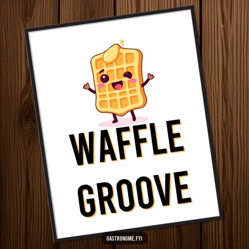 Funny digital art print of a happy waffle character doing a shimmy dance with syrup drops, capturing the essence of breakfast joy.