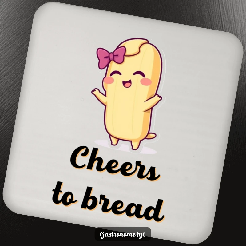 Funny drink coasters featuring a baguette character taking a dramatic bow with a flourish, protecting furniture with theatrical flair.