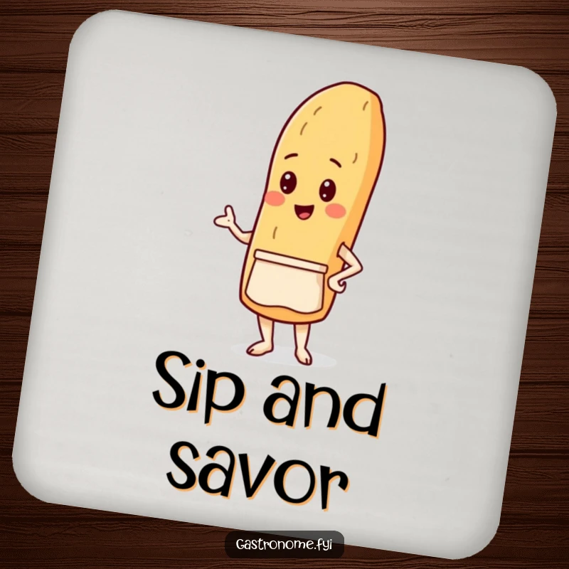 Funny coaster featuring a proud baguette character in a tiny apron, bringing a touch of baking charm and humor to any drink.