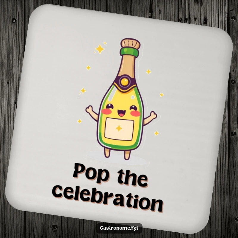 Funny drink coaster showcasing a beaming champagne bottle character, sparkling with joy and adding a festive, humorous touch.