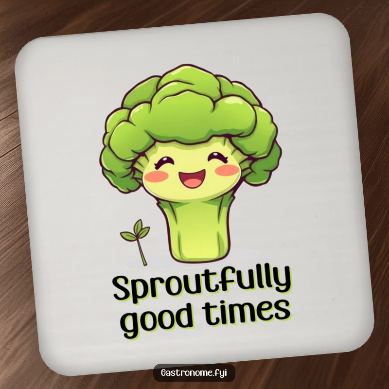 Funny drink coaster with a beaming broccoli character proudly presenting a tiny sprout, protecting surfaces with healthy humor.