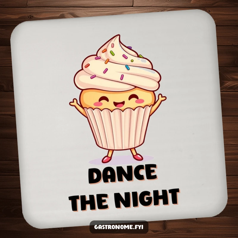 Funny dancing cupcake coaster, a smiling cupcake with sprinkles doing a joyful dance, providing sweet, humorous protection for tabletops.