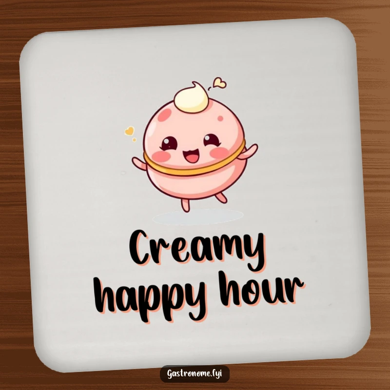 Funny drink coaster with a giggling, bouncing macaroon character and a cream dollop, for playful decor.