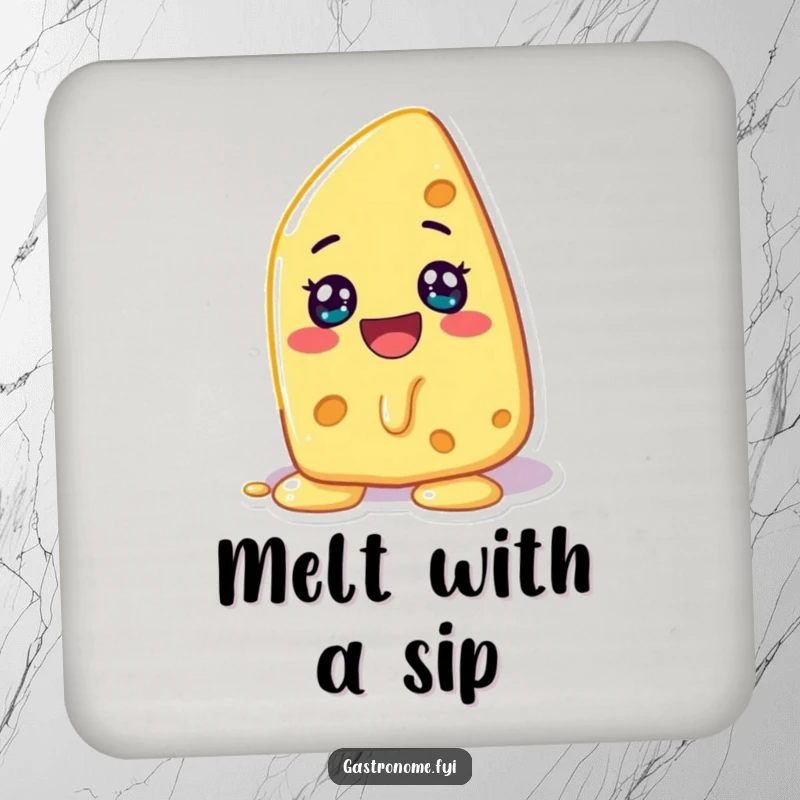 Funny drink coaster with a happy cheese character melting, adding cheesy flair and protecting surfaces.