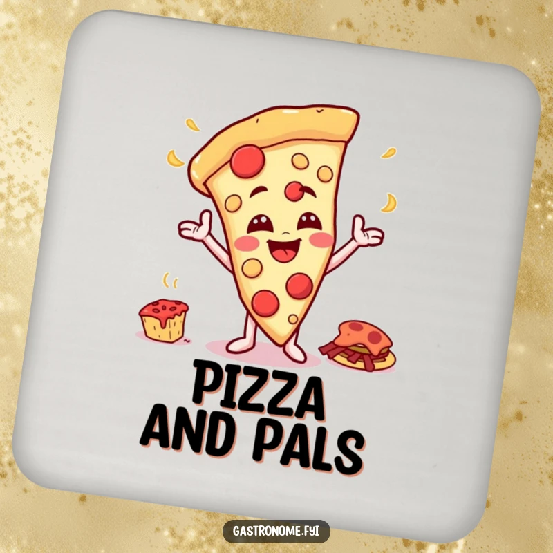 Funny drink coaster featuring a happy pizza slice character with a cheesy grin gesturing towards a giant feast, offering protective humor.