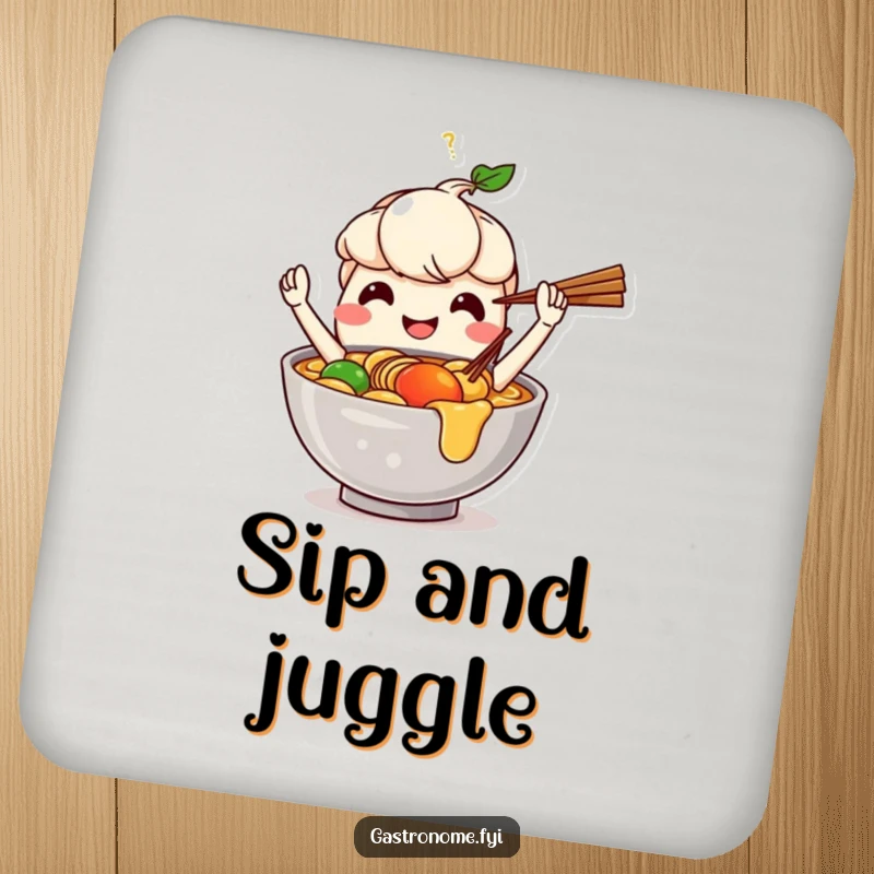 Funny drink coaster with a happy ramen bowl character juggling chopsticks, adding artistic flair and protecting surfaces.