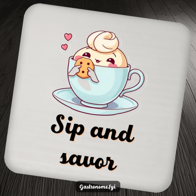 Funny drink coaster showcasing a thoughtful teacup character holding a biscuit, adding a touch of cozy charm and humor.