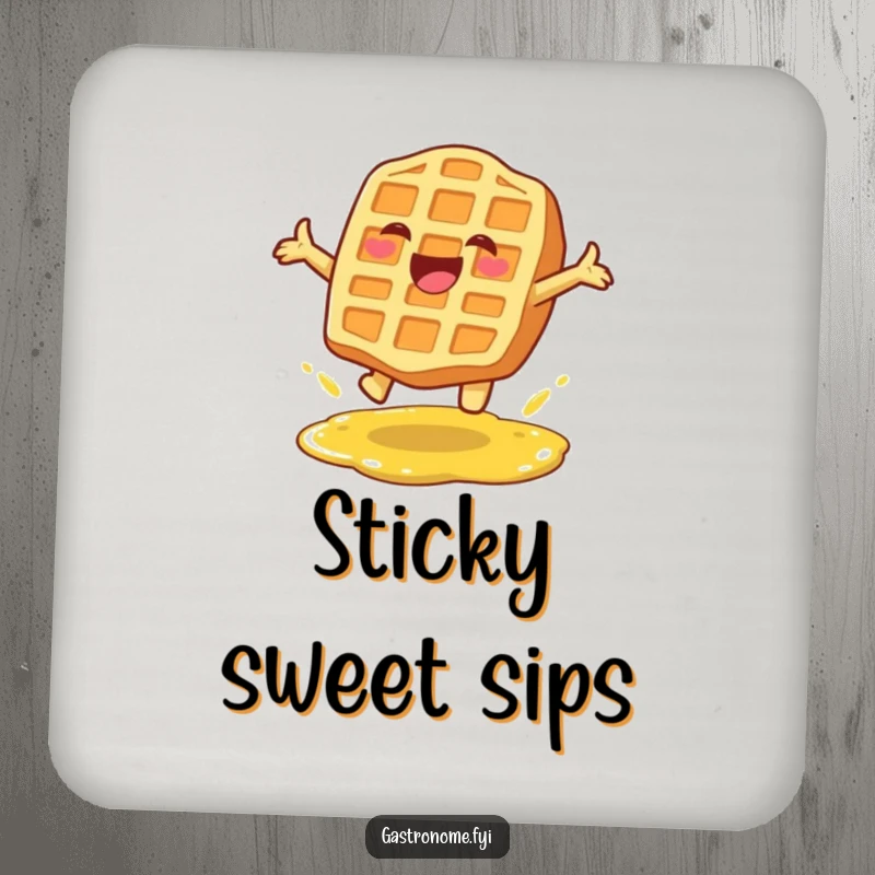 Funny drink coaster with a happy waffle character leaping over syrup, adding sweet flair and protecting surfaces.