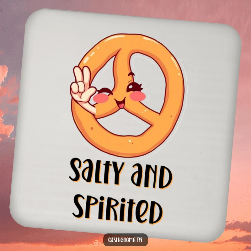 Funny drink coaster showcasing a winking pretzel character in a stylish salute, adding a humorous flair to any table setting.