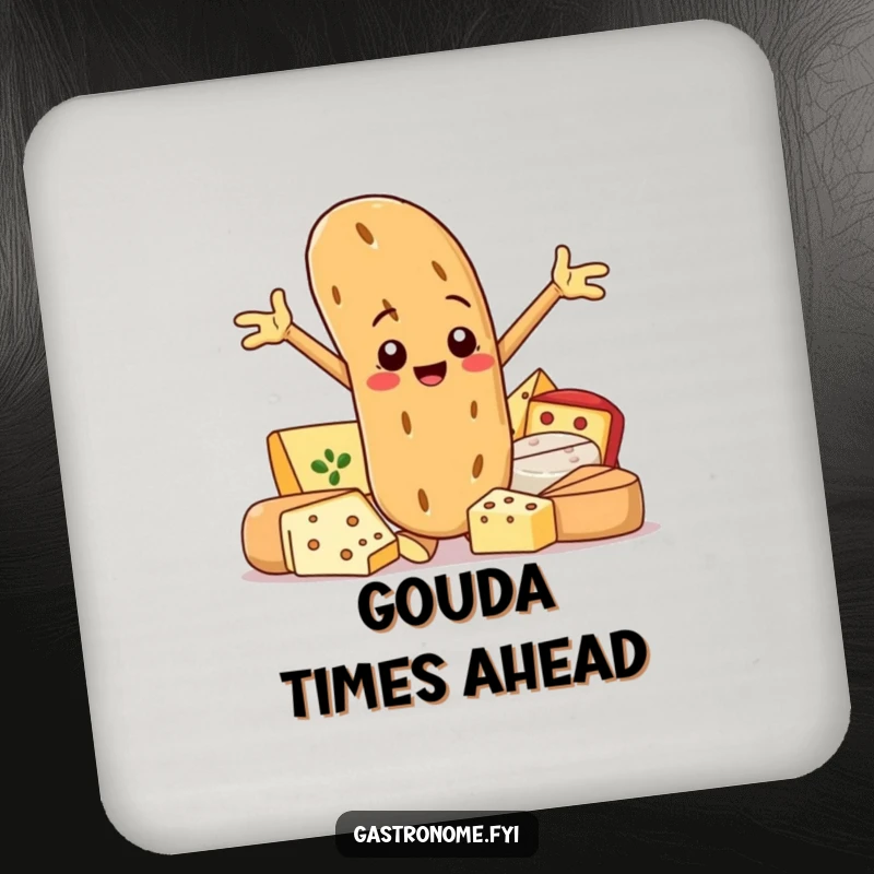 Funny drink coaster with a smiling baguette character posing proudly next to gourmet cheeses, for protecting surfaces with foodie humor.