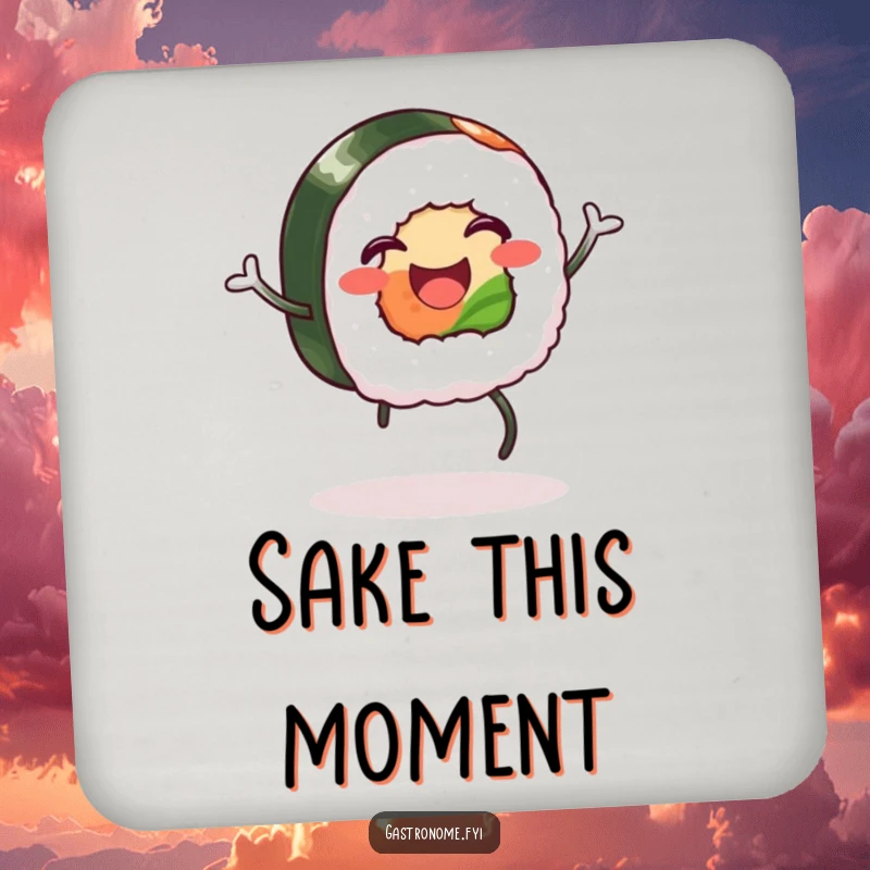 Funny coaster: A happy sushi roll with legs doing a silly jig, a humorous table accessory.