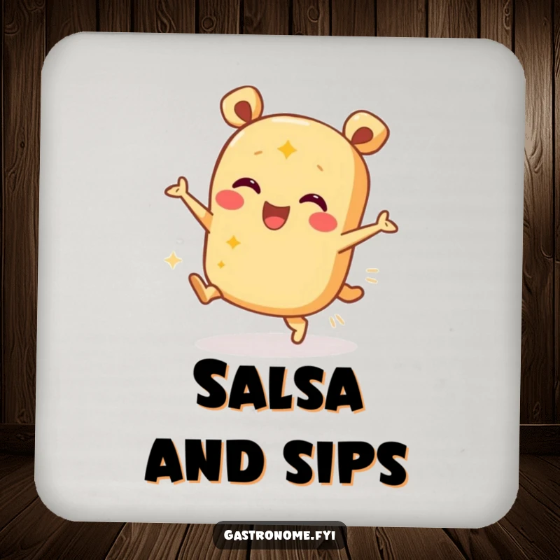 Funny drink coaster with a happy burrito character dancing, adding festive flair and protecting surfaces.