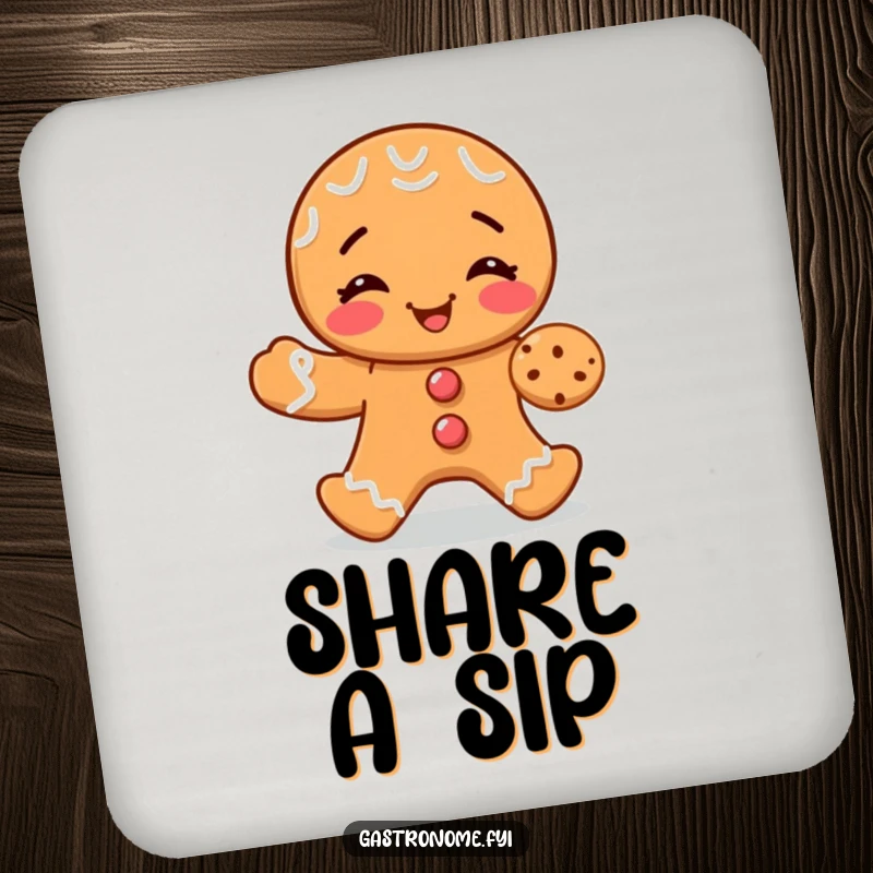 Funny drink coaster with a giggling gingerbread man offering a tiny cookie, perfect for protecting surfaces with holiday spirit.