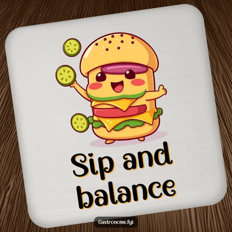Funny Cheeseburger Coasters: Set Featuring Delighted Character Juggling Pickle Slices, Humorous Foodie Decor