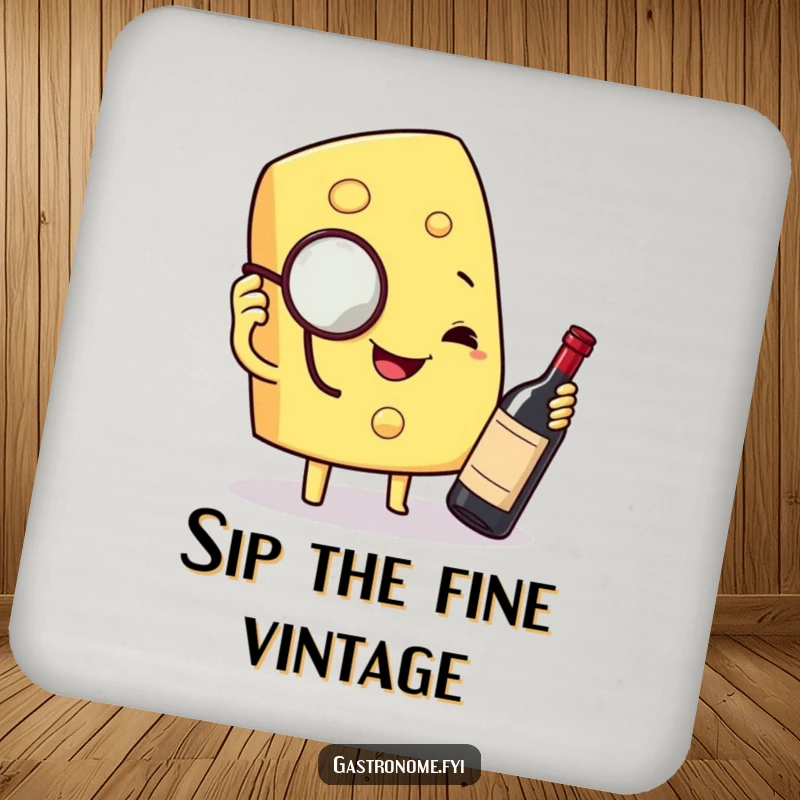 Funny drink coaster with a smiling cheese wedge character, monocle, and miniature wine bottle, protecting surfaces with style and humor.