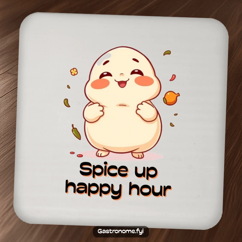 Funny Dumpling Coasters featuring a giggling dumpling character juggling spices, protecting drinks with charm.