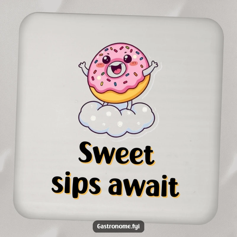 Funny Coaster: A happy, sprinkled donut character bounces on a sugar cloud, protecting surfaces with a dose of funny sweetness.