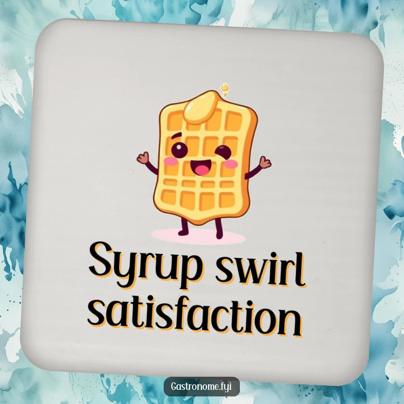 Funny drink coaster featuring a happy waffle character shimmying with syrup drops, a humorous and functional addition to any table.