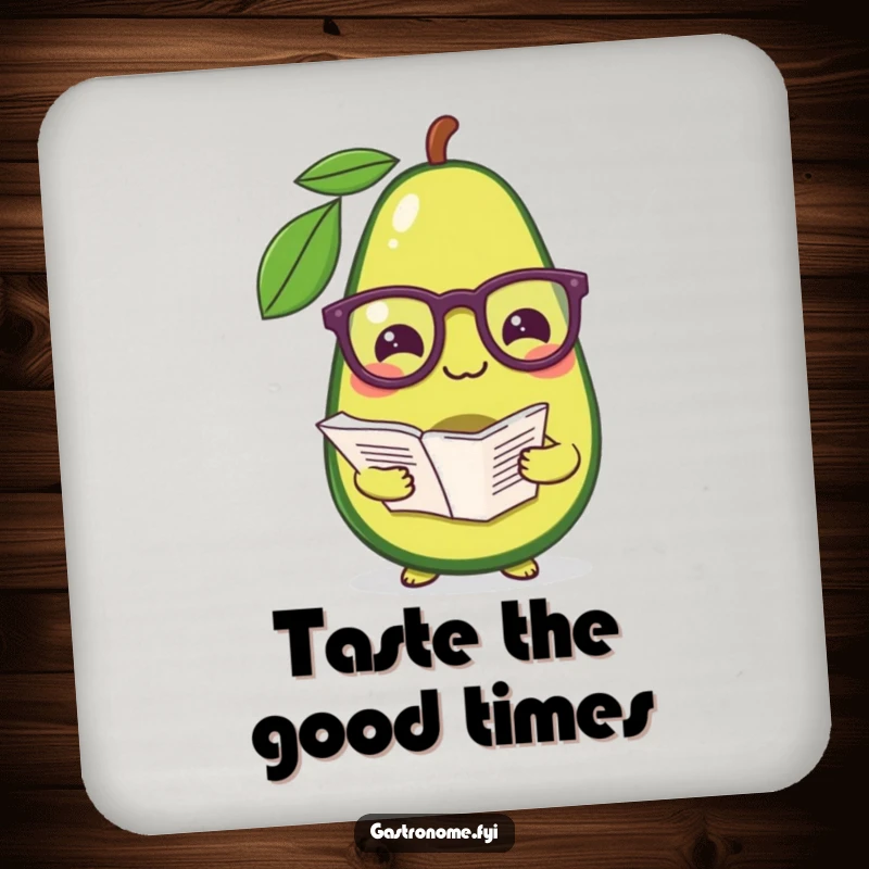 Funny coaster with a pleased avocado wearing glasses, holding a recipe, protecting surfaces with culinary charm.