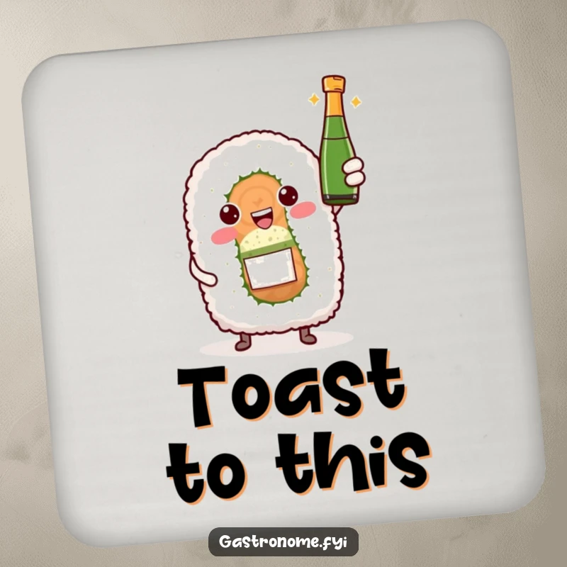 Funny drink coasters featuring a sushi roll character presenting a tiny bottle of sparkling wine, perfect for festive table protection.