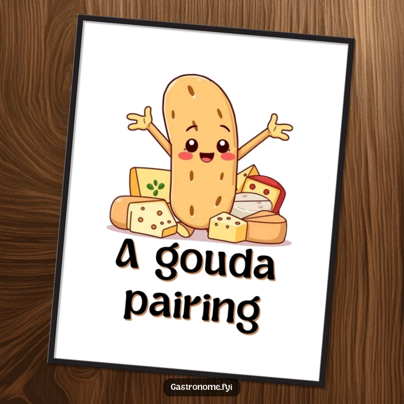 Funny art poster featuring a smiling baguette character posing proudly next to gourmet cheeses, celebrating delicious food and humor.