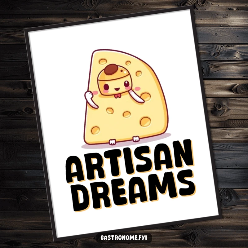 Funny poster illustration of a sophisticated cheese wedge character presenting a petite, fancy pastry, perfect for culinary-themed spaces.