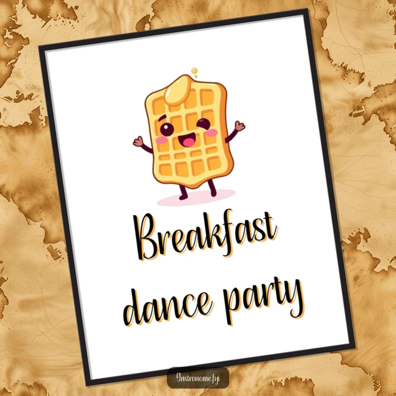 Funny poster of a happy waffle character doing a shimmy dance with syrup drops, a delightful piece of breakfast-themed art.